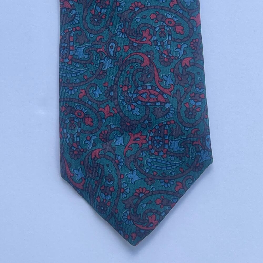 Vintage Perry Ellis 3" Silk Paisley Tie Made USA Italian Fabric Teal Burgundy